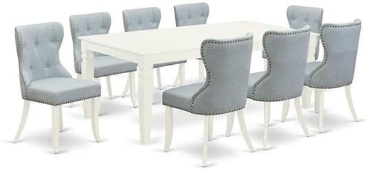 East West Furniture LGSI9-LWH-15 9 Piece Kitchen Table Set Includes a Rectangle Dining Table with Butterfly Leaf and 8 Baby Blue Linen Fabric Parsons Dining Chairs, 42x84 Inch, Linen White