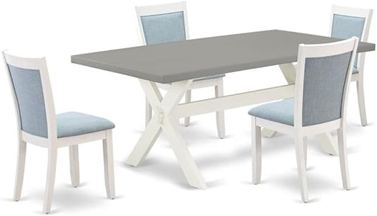 East West Furniture X097MZ015-5 5 Piece Modern Dining Table Set Includes a Rectangle Wooden Table with X-Legs and 4 Baby Blue Linen Fabric Upholstered Chairs, 40x72 Inch, Multi-Color