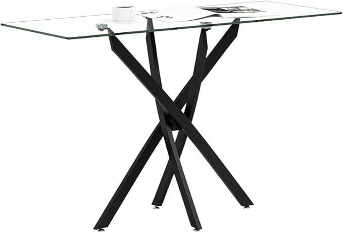 Tempered Glass Console Table with Metal Legs, Modern Narrow Sofa Table for Hallway Entryway (Black, 39"x18"x30")