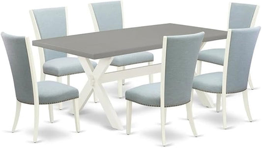 East West Furniture X097VE215-7 7 Piece Dining Table Set Consist of a Rectangle Dining Room Table with X-Legs and 6 Baby Blue Linen Fabric Upholstered Chairs, 40x72 Inch, Multi-Color
