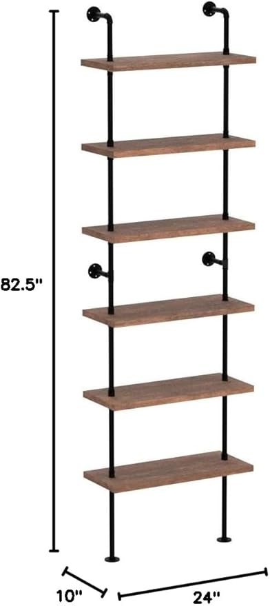 Industrial Ladder Pipe Shelves, Wall Mounted Rustic Bookshelf, Retro Metal Wood Bookcases (Weathered Brown, 6 Tier - 10" D x 24" W x 82.5" H)