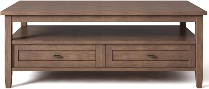 SIMPLIHOME Warm Shaker Coffee Table - 48 inch Wide Solid Wood Cocktail Table in Rustic Natural Aged Brown, Transitional Living Room Table with 2 Storage Drawers and Open Shelf for Sitting Area