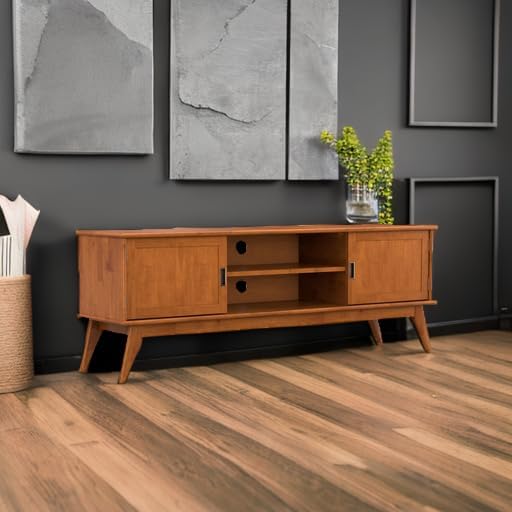 SIMPLIHOME Draper Solid Hardwood 72 inch Wide Mid Century Modern TV Media Stand in Teak Brown for TVs up to 80 inches for The Living Room and Entertainment Center