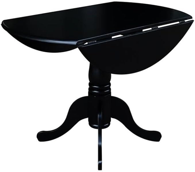 IC International Concepts, 42" Round Dual Drop Leaf Pedestal Dining Table, Solid Wood, Real Parawood, 42" W x 42" D x 29.5" H, Easy Assembly, Black