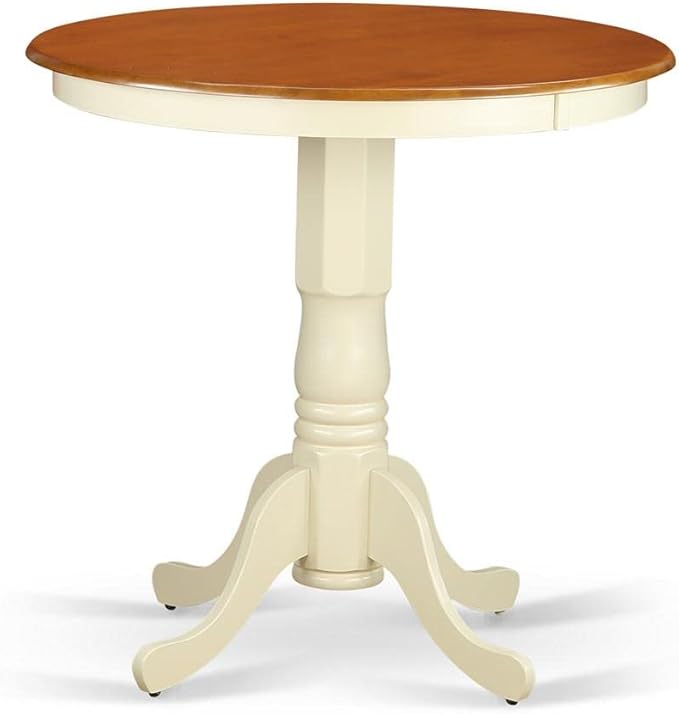 East West Furniture JAKE3-WHI-W 3 Piece Counter Height Dining Set for Small Spaces Contains a Round Wooden Table with Pedestal and 2 Kitchen Chairs, 36x36 Inch, Buttermilk & Cherry