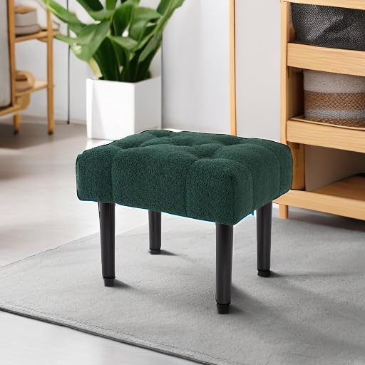 HOUCHICS Fur Padded Foot Stool, Small Ottoman Rest with Wooden Legs, Modern Rectangle Chair Rest for Living Room, Couch, Desk (Green)