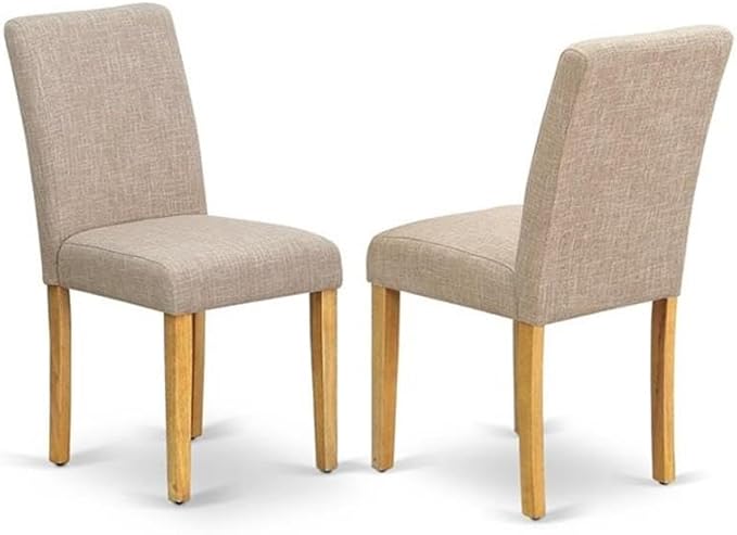 East West Furniture DMAB5-OAK-04 5 Piece Dining Set Includes a Round Dining Room Table with Dropleaf and 4 Light Tan Linen Fabric Upholstered Parson Chairs, 42x42 Inch, Oak
