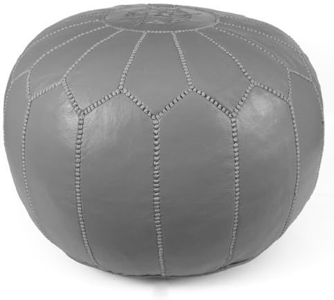 Stuffed Round Design Moroccan Leather Pouf Ottoman, Handmade, Pre-Filled, 100% Genuine Leather, 13” Height x 20” Diameter, Footstool & Living Room Décor (Grey)