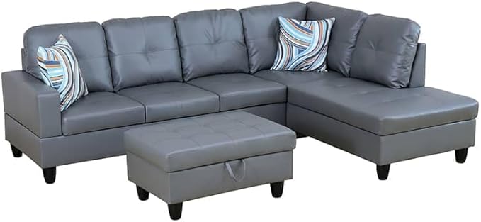 NicBex Sectional Couch 3 Pieces Sofa Set with Left Chaise Synthetic Leather L Shaped Cloud Couch for Living Room Furniture Sets with Storage Ottoman, Modular Sofa for Apartment, Silver Gray