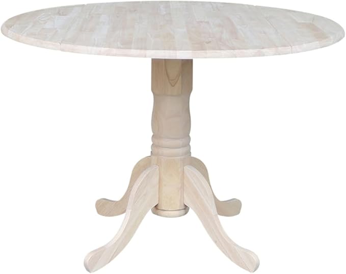 IC International Concepts, Round Dual Drop Leaf Pedestal Dining Table, Solid Real Wood, Sturdy Parawood, Dimensions 42"D x 42"W x 29.5"H, 40lbs Capacity, Paint/Stain Ready, Unfinished
