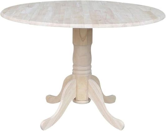 IC International Concepts, Round Dual Drop Leaf Pedestal Dining Table, Solid Real Wood, Sturdy Parawood, Dimensions 42"D x 42"W x 29.5"H, 40lbs Capacity, Paint/Stain Ready, Unfinished