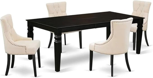 East West Furniture LGFR5-BLK-02 5 Piece Dining Room Set Includes a Rectangle Wooden Table with Butterfly Leaf and 4 Light Beige Linen Fabric Parson Dining Chairs, 42x84 Inch, Black