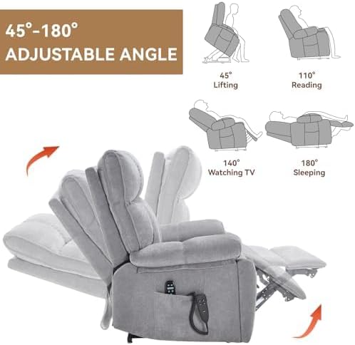 Dual Motor Power Lift Recliner Chair, 8 Positions Vibration Massage Recliner Chair, Chenille Fabric Recliner with Cup Holder, Vibration Massage and Lumbar Heating for Adults and Elderly, Grey