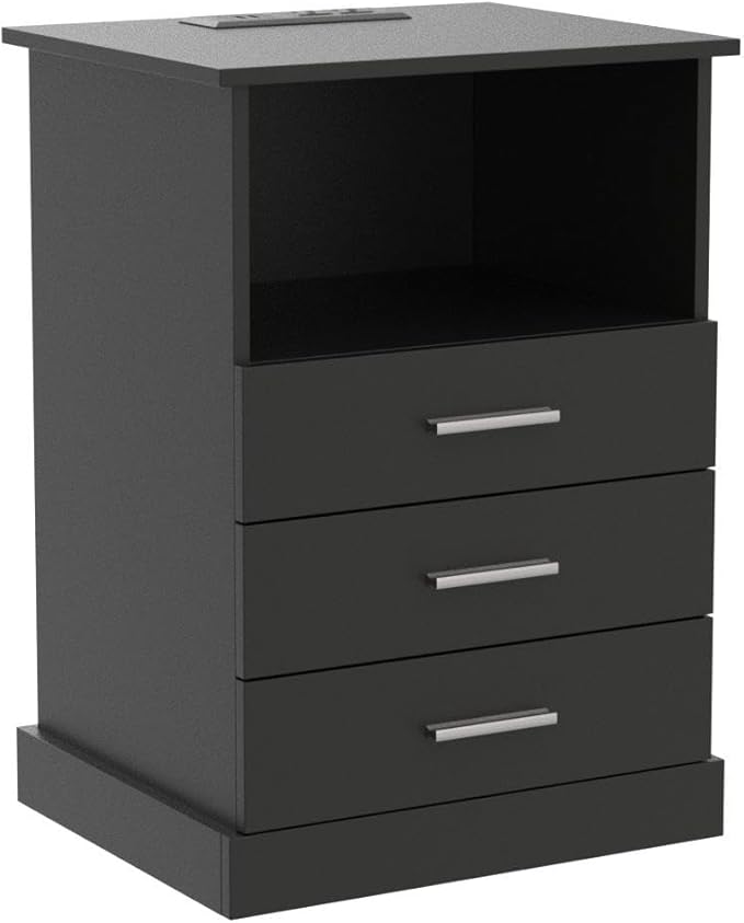 Black LED Nightstand with Charging Station, Side Table with 3 Drawers and Light, End Table with Open Storage, Beside Cabinet for Bedroom (Black 2 Set)