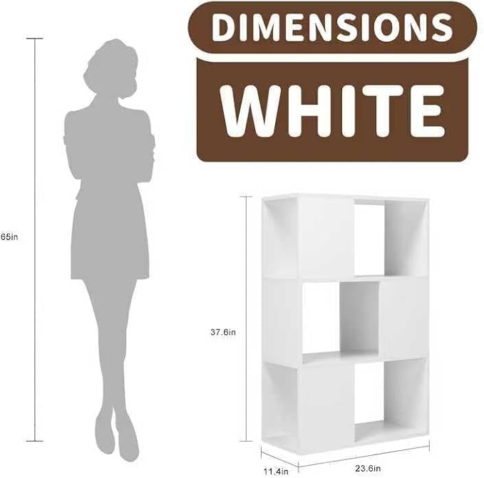 GHC 3 Tier Bookshelf, Wood Decorative Storage Shelving, Modern Freestanding Display Shelves, Tall Book Shelf Unit for Living Room, Bedroom, Office-White