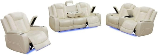 Electric Power Recliner Chair/Loveseat/Sofa Living Room, Comfy Home Theater Breathing Leather Seating with USB 2.0 Charging Ports, LED Light Strips, Fold-Down Table & Cupholders (White-2)