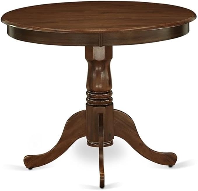 East West Furniture ANAB3-AWA-05 3 Piece Modern Dining Table Set Includes a Round Kitchen Table with Pedestal and 2 Parson Dining Chairs, 36x36 Inch, Antique Walnut