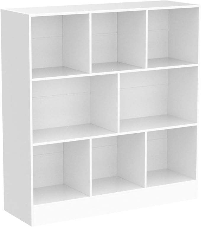 YAHARBO White 3 Tier Bookshelf,Wide Modern Horizontal Bookcase,Wood Low Book Shelf,Wide Display Storage Cabinet with Base,Floor Standing 8 Cube Large Bookcases Organizer for Bedroom,Living Room,Office