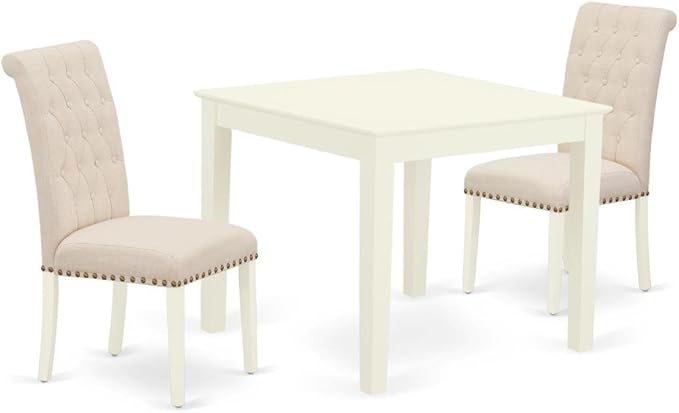East West Furniture OXBR3-LWH-02 3 Piece Dining Room Furniture Set Contains a Square Dining Table and 2 Light Beige Linen Fabric Parsons Chairs, 36x36 Inch, Linen White