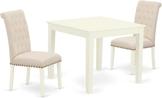 East West Furniture OXBR3-LWH-02 3 Piece Dining Room Furniture Set Contains a Square Dining Table and 2 Light Beige Linen Fabric Parsons Chairs, 36x36 Inch, Linen White