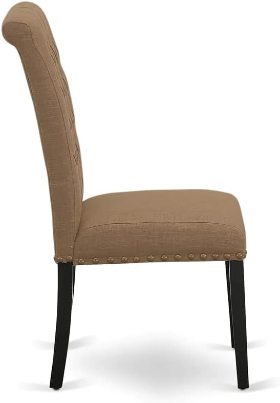 East West Furniture AMBR3-BCH-17 3 Piece Dining Table Set Contains a Round Kitchen Table with Pedestal and 2 Light Sable Linen Fabric Upholstered Kitchen Chairs, 36x36 Inch, Black & Cherry