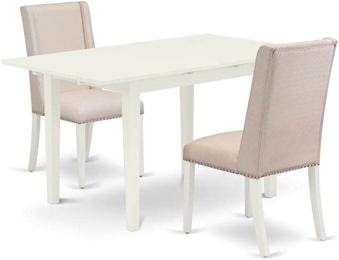 East West Furniture NOFL3-LWH-01 3 Piece Dinette Set for Small Spaces Contains a Rectangle Butterfly Leaf Table and 2 Cream Linen Fabric Upholstered Chairs, 32x54 Inch, Linen White