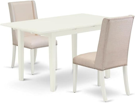 East West Furniture NOFL3-LWH-01 3 Piece Dinette Set for Small Spaces Contains a Rectangle Butterfly Leaf Table and 2 Cream Linen Fabric Upholstered Chairs, 32x54 Inch, Linen White