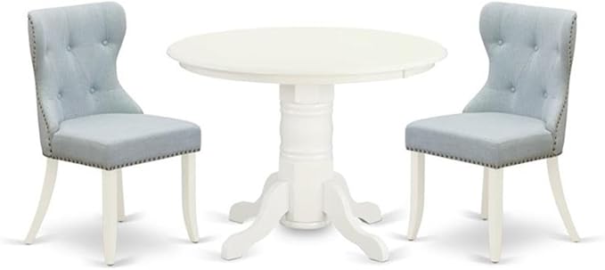 East West Furniture SHSI3-WHI-15 3 Piece Dining Room Table Set Contains a Round Wooden Table with Pedestal and 2 Baby Blue Linen Fabric Upholstered Chairs, 42x42 Inch, Linen White