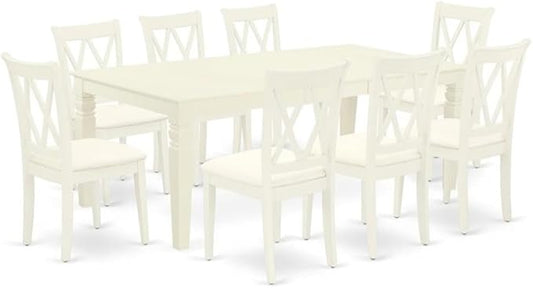 East West Furniture LGCL9-LWH-C 9 Piece Modern Dining Table Set Includes a Rectangle Wooden Table with Butterfly Leaf and 8 Linen Fabric Dining Room Chairs, 42x84 Inch, Linen White
