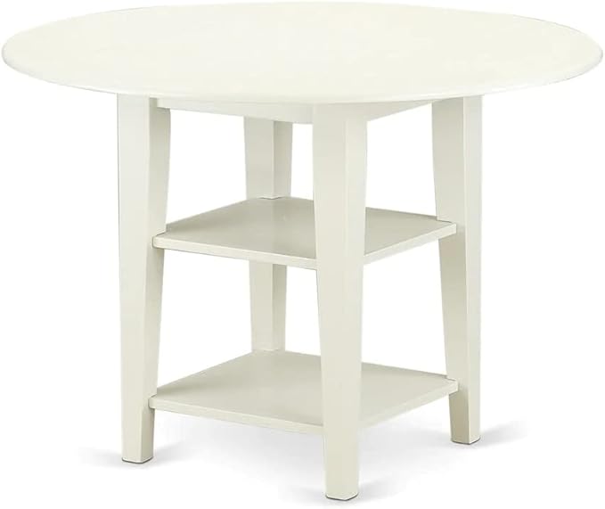 East West Furniture SUDA5-LWH-W 5 Piece Dining Room Furniture Set Includes a Round Kitchen Table with Dropleaf & Shelves and 4 Dining Chairs, 42x42 Inch, Linen White