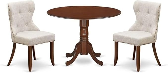 East West Furniture DLSI3-MAH-35 3 Piece Kitchen Table Set Contains a Round Dining Table with Dropleaf and 2 Doeskin Linen Fabric Parson Dining Room Chairs, 42x42 Inch, Mahogany