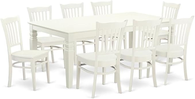 East West Furniture LGGR9-LWH-W 9 Piece Kitchen Table Set Includes a Rectangle Dining Table with Butterfly Leaf and 8 Dining Room Chairs, 42x84 Inch, Linen White