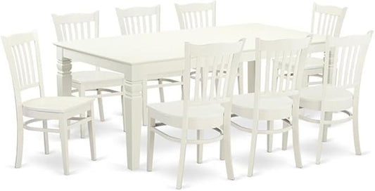 East West Furniture LGGR9-LWH-W 9 Piece Kitchen Table Set Includes a Rectangle Dining Table with Butterfly Leaf and 8 Dining Room Chairs, 42x84 Inch, Linen White