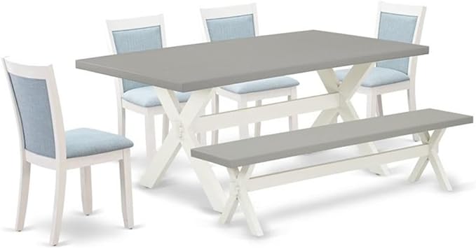 East West Furniture X097MZ015-6 6 Piece Dining Room Table Set Contains a Rectangle Kitchen Table with X-Legs and 4 Baby Blue Linen Fabric Parson Chairs with a Bench, 40x72 Inch, Multi-Color