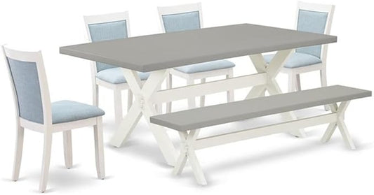 East West Furniture X097MZ015-6 6 Piece Dining Room Table Set Contains a Rectangle Kitchen Table with X-Legs and 4 Baby Blue Linen Fabric Parson Chairs with a Bench, 40x72 Inch, Multi-Color