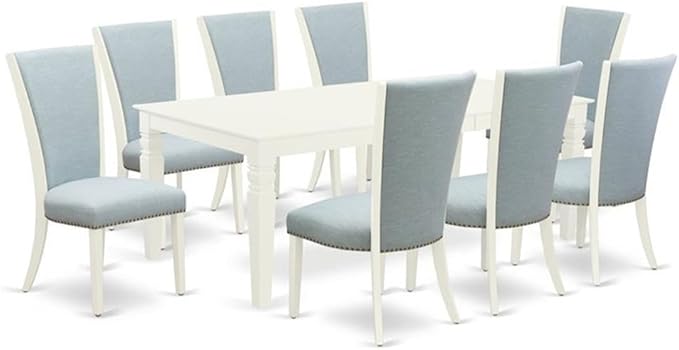 East West Furniture LGVE9-LWH-15 9 Piece Dining Set Includes a Rectangle Dining Room Table with Butterfly Leaf and 8 Baby Blue Linen Fabric Upholstered Chairs, 42x84 Inch, Linen White