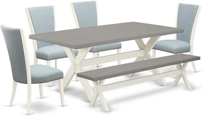 East West Furniture X097VE215-6 6 Piece Kitchen Table Set Contains a Rectangle Dining Table with X-Legs and 4 Baby Blue Linen Fabric Parson Chairs with a Bench, 40x72 Inch, Multi-Color