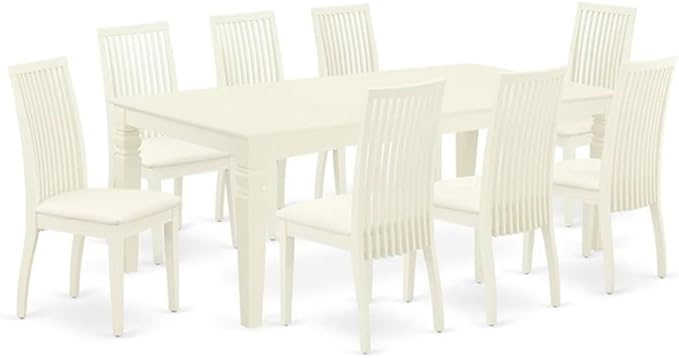 East West Furniture LGIP9-LWH-C 9 Piece Dining Room Table Set Includes a Rectangle Kitchen Table with Butterfly Leaf and 8 Linen Fabric Upholstered Dining Chairs, 42x84 Inch, Linen White