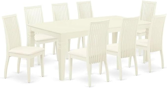 East West Furniture LGIP9-LWH-C 9 Piece Dining Room Table Set Includes a Rectangle Kitchen Table with Butterfly Leaf and 8 Linen Fabric Upholstered Dining Chairs, 42x84 Inch, Linen White