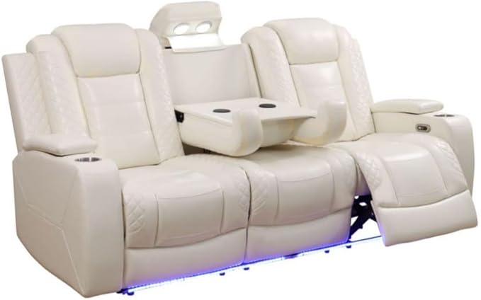 Electric Power Recliner Sofa Living Room Furniture, Comfy Home Theater Breathing Leather Seating with USB 2.0 Charging Ports, LED Light Strips, Fold-Down Table & Wireless Charging Device (White-2)