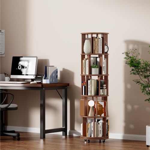 KEIKI 5 Tier Rotating Bookshelf on Wheels, Solid Wood Revolving Bookcase with Storage, 360° Spinning Tall Book Organizer for Small Space, Bedroom, Living Room, Walnut