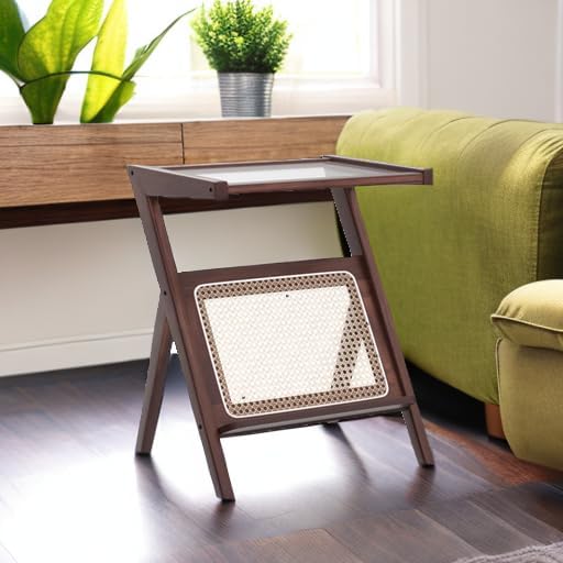 Tiita Rattan Nightstand Side Table, Bamboo Accent Bedside Tables, Glass Coffee Tables, Boho Wooden End Table with Storage for Small Space, Living Room and Bedroom