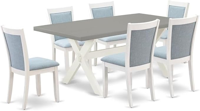 East West Furniture X097MZ015-7 7 Piece Dining Table Set Consist of a Rectangle Dining Room Table with X-Legs and 6 Baby Blue Linen Fabric Parsons Chairs, 40x72 Inch, Multi-Color