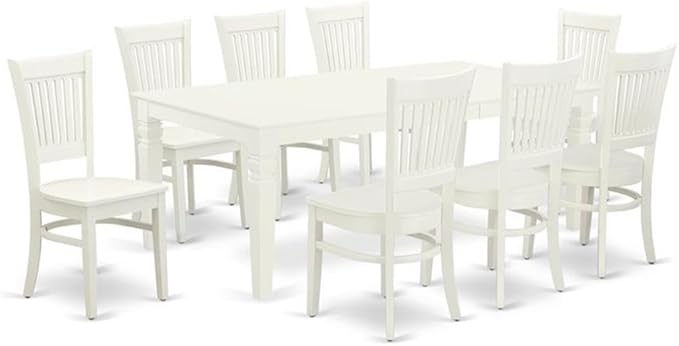 East West Furniture LGVA9-LWH-W 9 Piece Dining Table Set Includes a Rectangle Dining Room Table with Butterfly Leaf and 8 Wood Seat Chairs, 42x84 Inch, Linen White