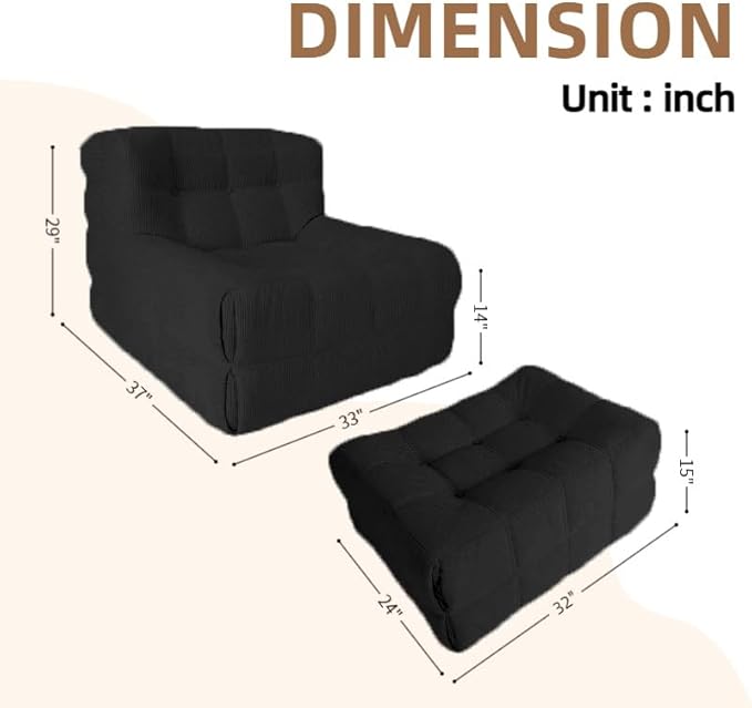 Bean Bag Chair - Memory Foam Bean Bag Chair for Adults, Comfy High-Resilience Single Sofa, Small Space Floor Chair, Chaise Lounge for Living Room, Bedroom (Black, Square + Ottoman)