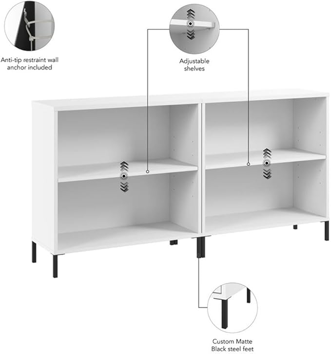 Bush Furniture Essence 2 Shelf Bookcase - Set of 2 in White | Organizers and Shelves for Home Office Workspace, Living Room, Entryway, Bedroom, and Mudroom