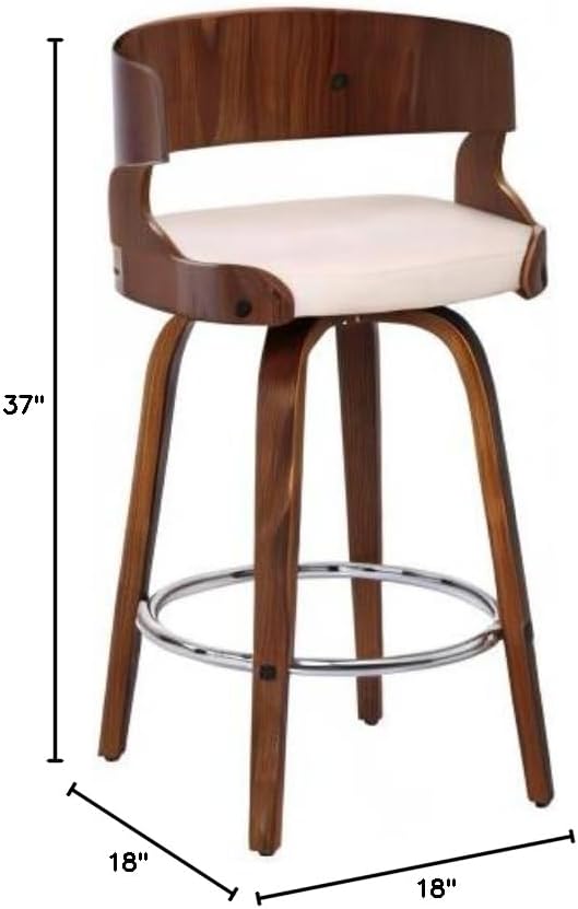 Armen Living Shelly 26" Counter Height Swivel Cream Faux Leather and Walnut Wood Bar Stool - Set of 4