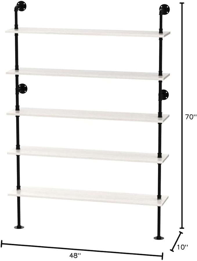 Pipe Industrial Ladder Shelves Bookcase, Wall Mounted Retro Wood Metal Pipe Rustic Bookshelf (White, 5 Tier - 10" D x 48" W x 70" H)