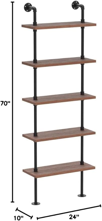 5 Tier Industrial Ladder Bookshelf, Wall Mounted Wood Metal Rustic Pipe Shelves (Weathered Brown, 5 Tier - 10" D x 24" W x 70" H)