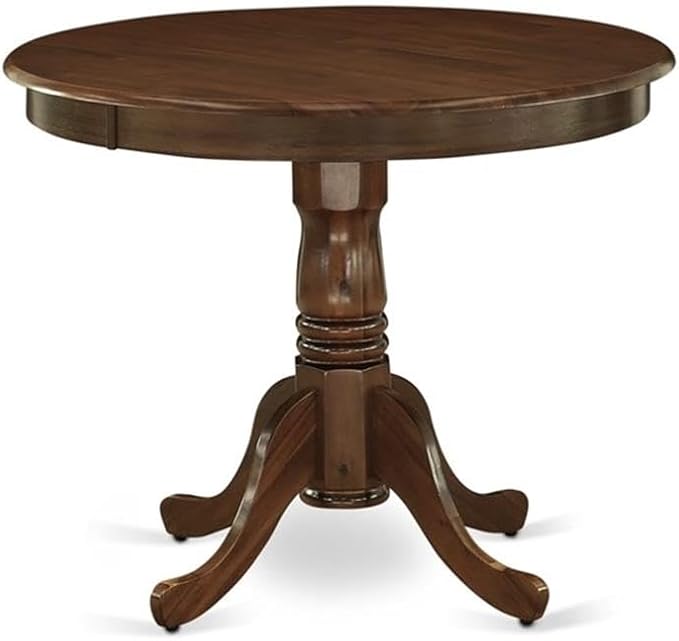 East West Furniture ANAB3-AWA-05 3 Piece Modern Dining Table Set Includes a Round Kitchen Table with Pedestal and 2 Parson Dining Chairs, 36x36 Inch, Antique Walnut